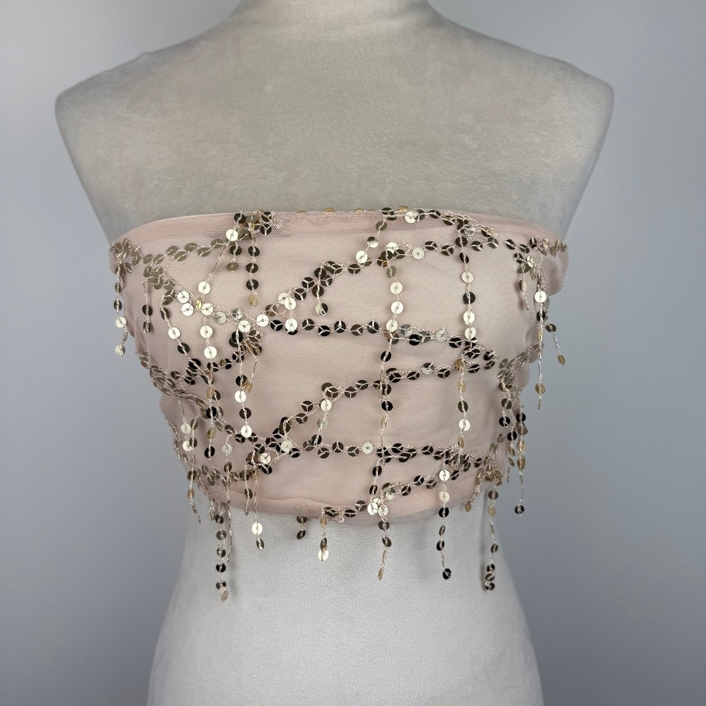 Blush Pink Mesh Sequin Fringe Tie Back Tube Top Bandeau Gold Dangle Accents Glam